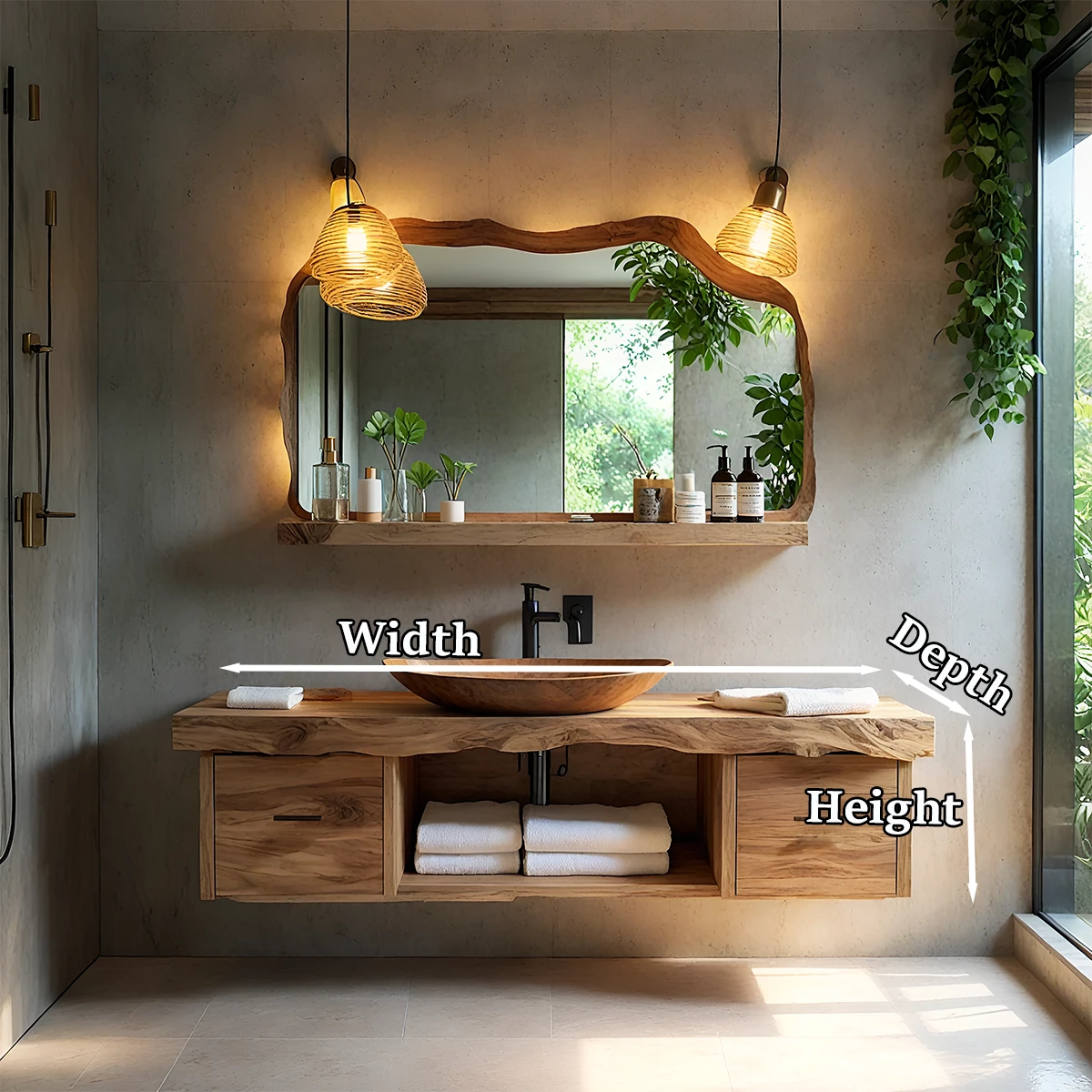 Contemporary elm floating bathroom vanity with handcrafted wood top