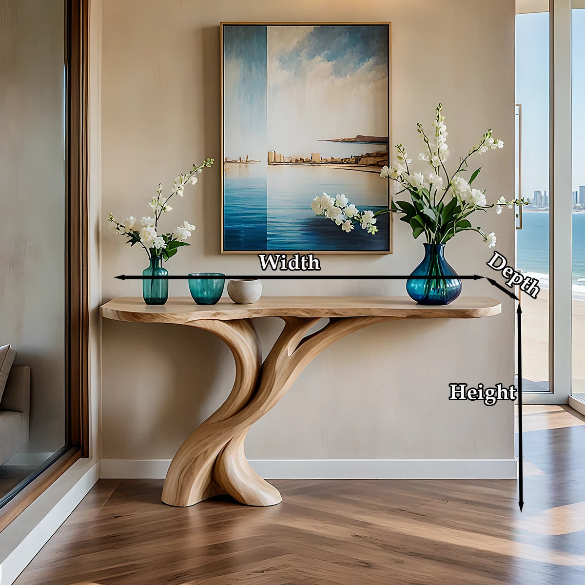 Handcrafted oak console table with twist pedestal
