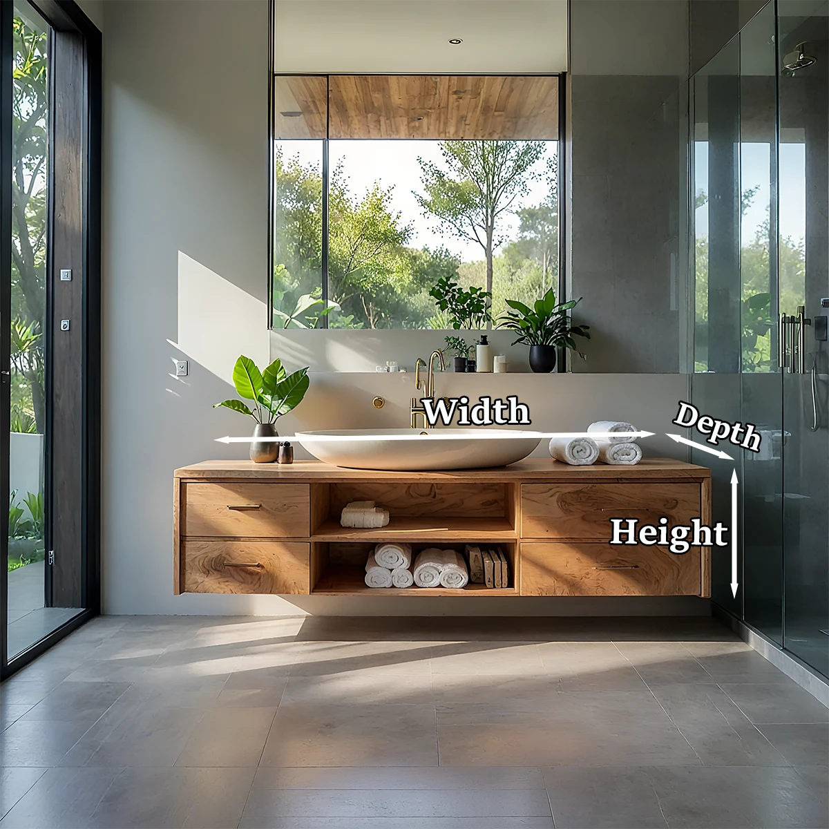 Contemporary teak floating bathroom vanity with wood drawers