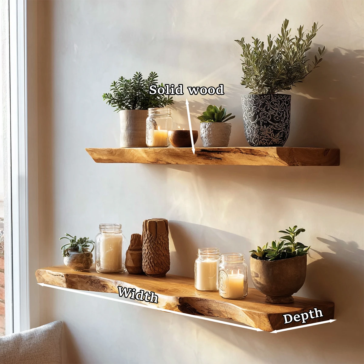 Natural Solid Wood Floating Shelf Live Edge Oak Tone Wall