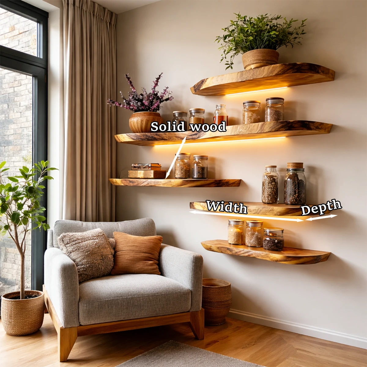 Rustic modern wall floating shelves displaying natural edge detail and warm oak tone finish