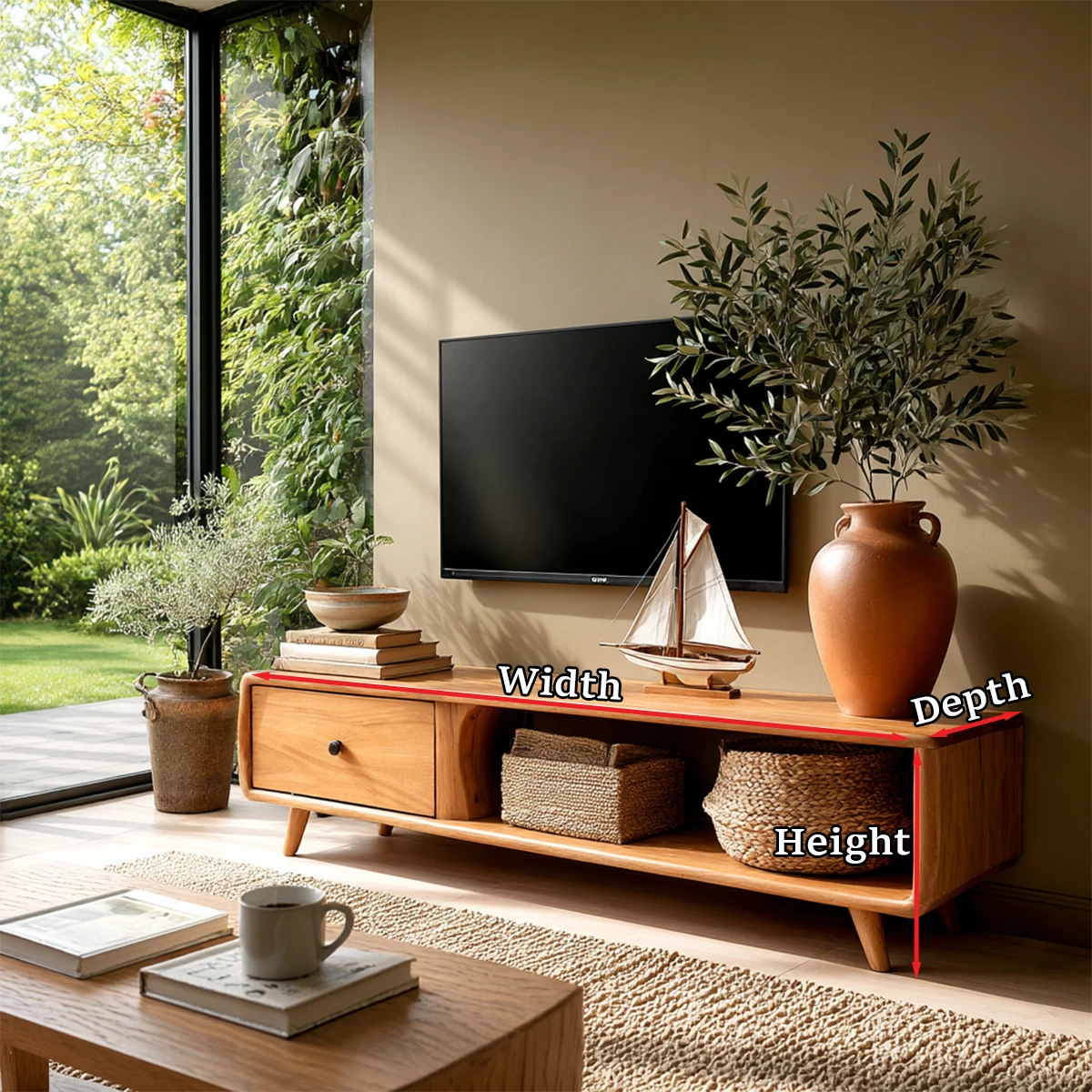 Clean living space featuring compact TV unit with open storage and warm wood look