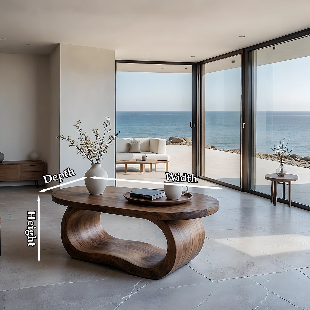 Coffee table in walnut look with artistic base design and soft curves in a bright modern interior space
