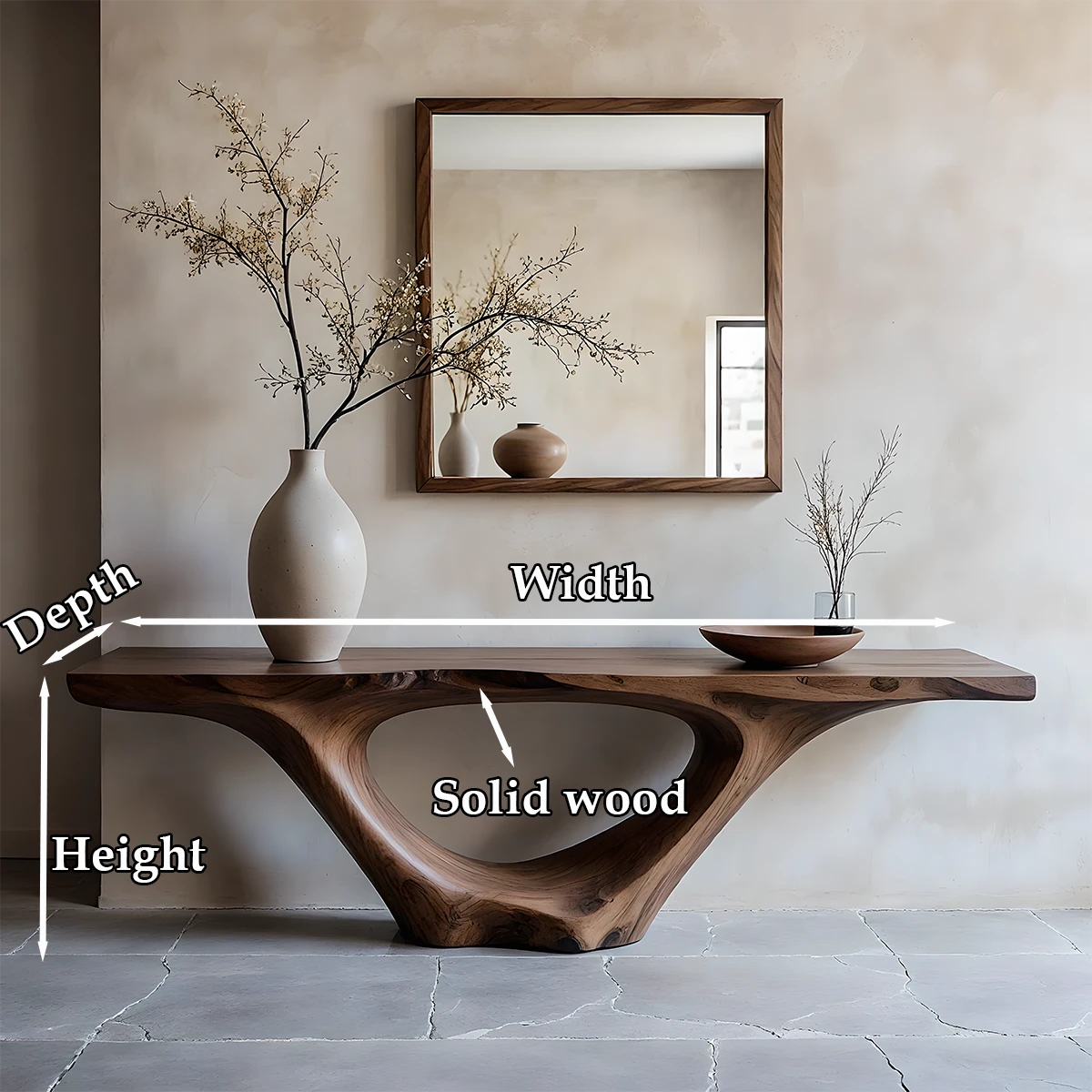 Unique walnut console table with organic hollow base