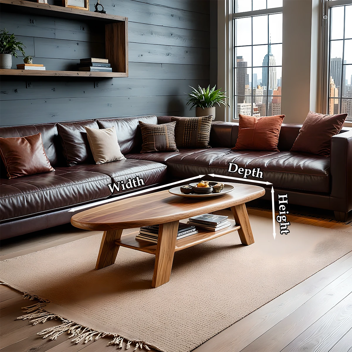 Brown finish coffee table with flowing base shape and rounded top in a clean contemporary environment