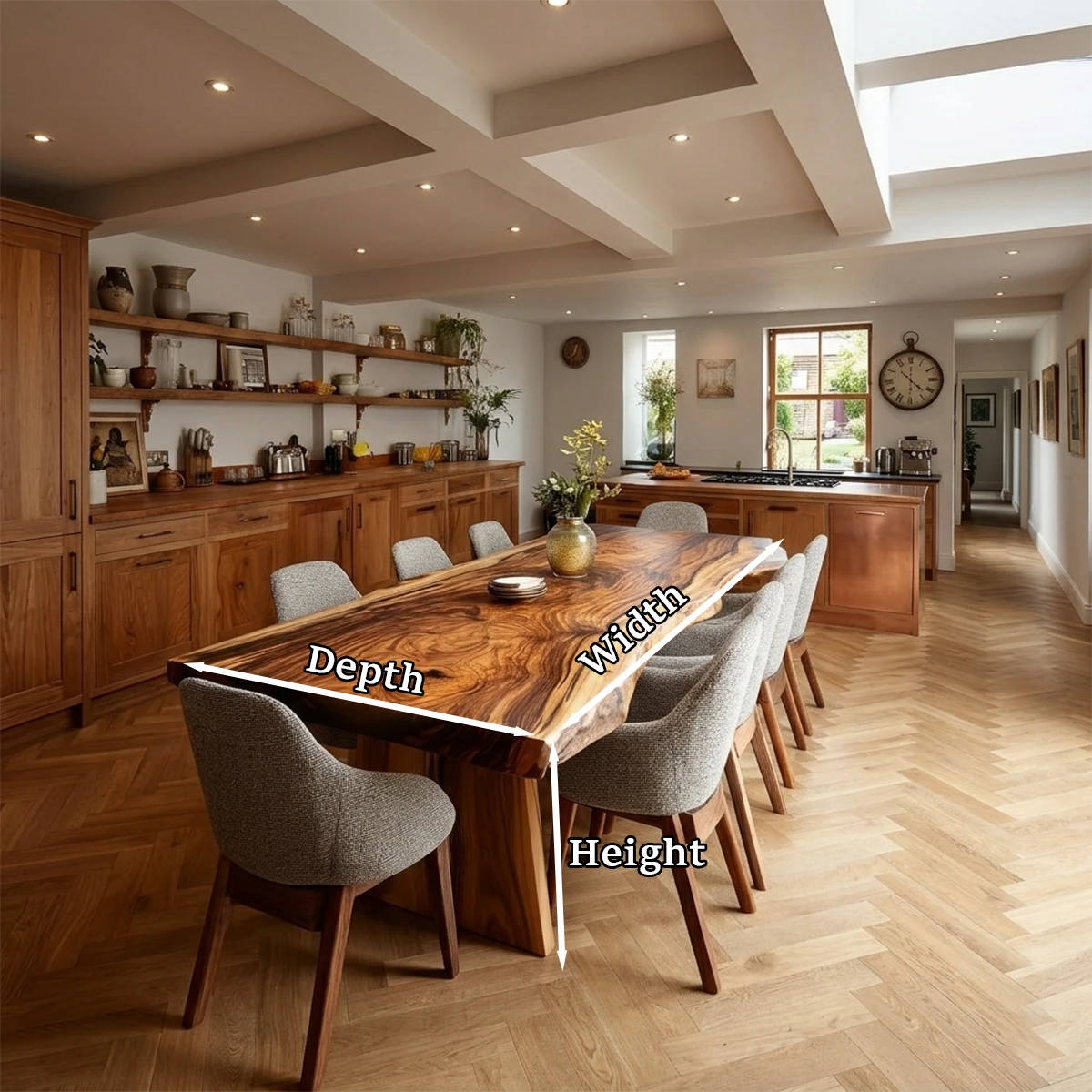 Organic edge dining table in solid wood enhances the warmth of this modern residential kitchen