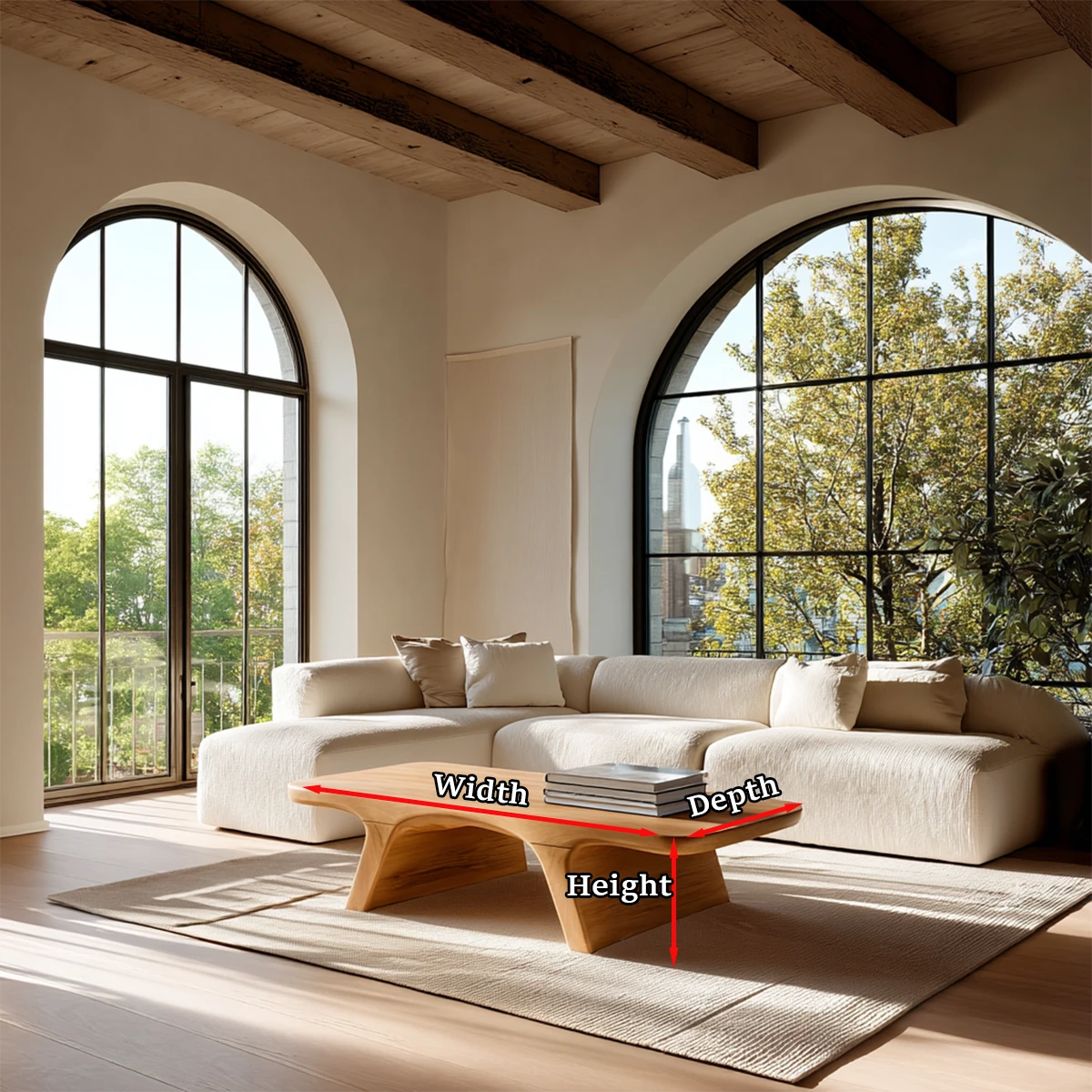 Modern interior coffee table with low structure and soft edges for open living rooms