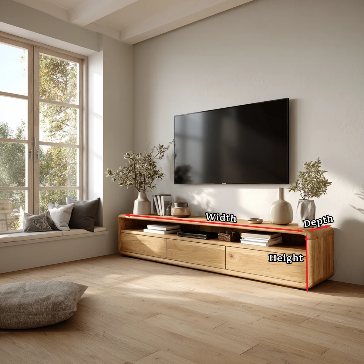 Contemporary TV stand with smooth edges and storage space for modern home décor