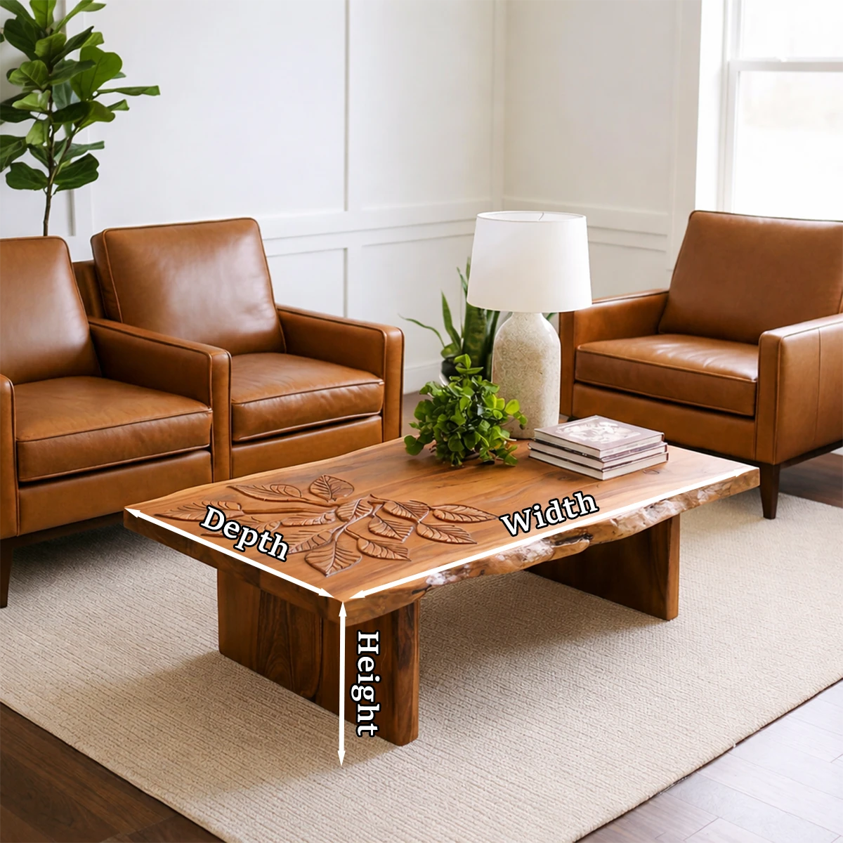 Coffee table with matte brown finish and sculptural base in a warm neutral modern living room
