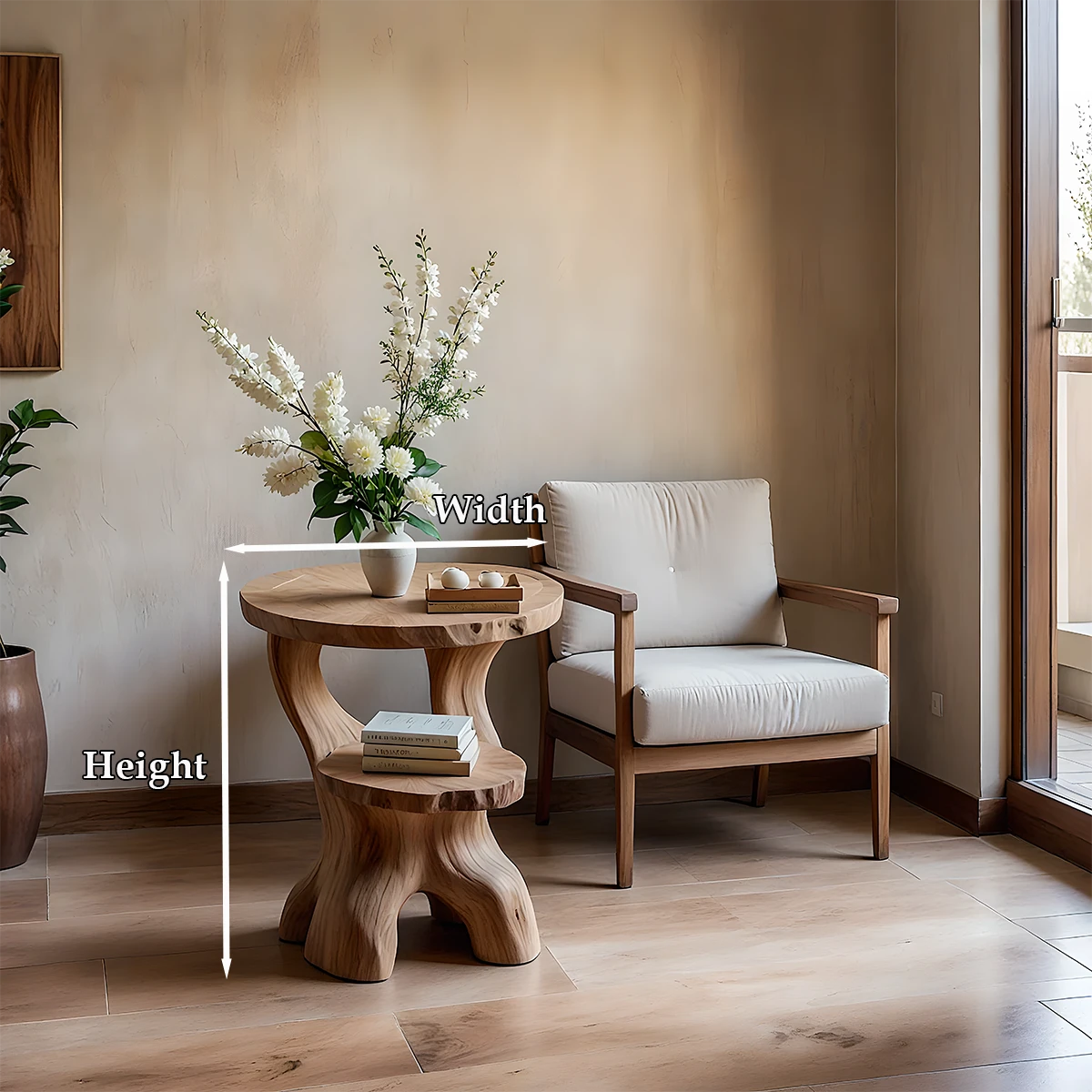 The oak tone end table combines a curved base with a clean top for everyday use