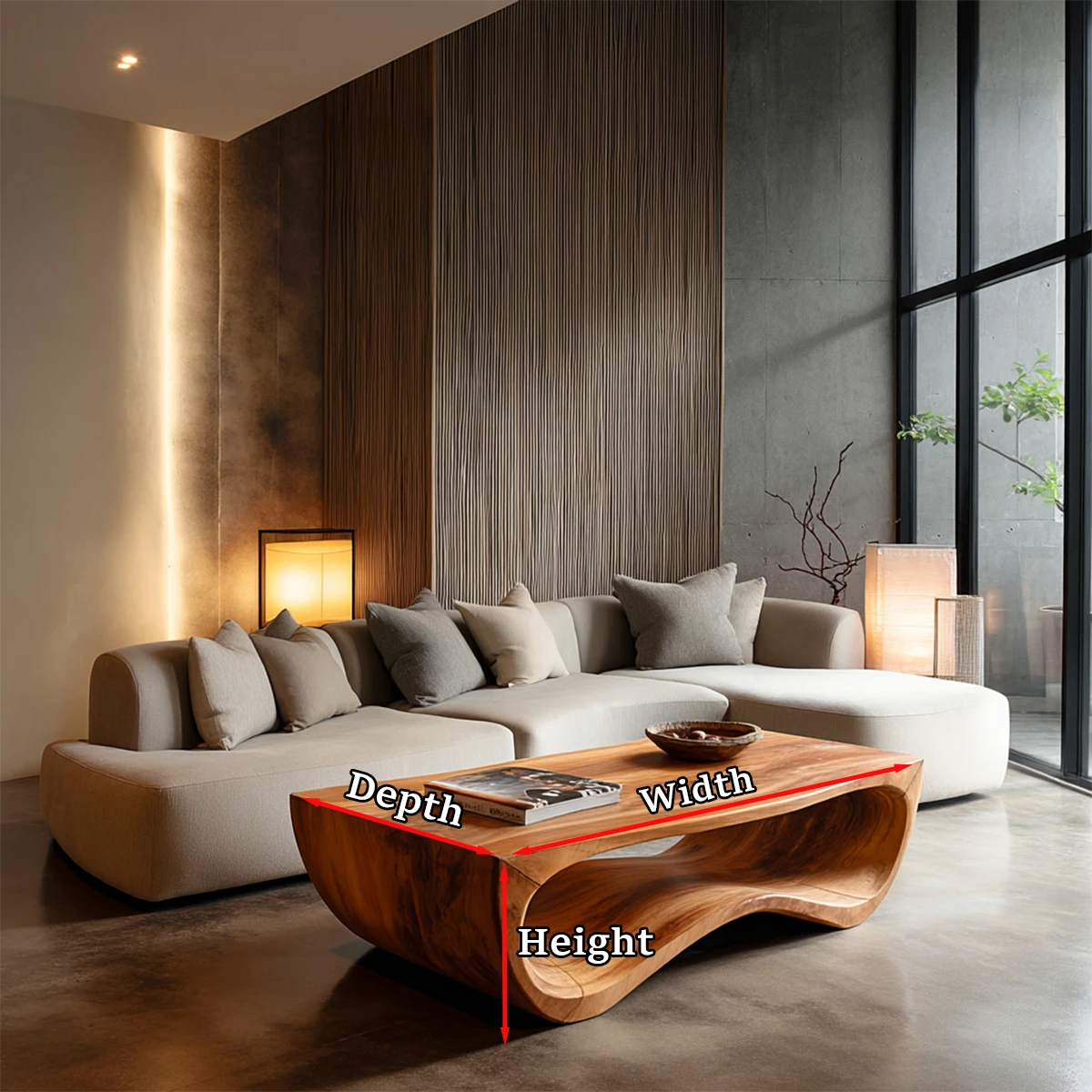 Statement coffee table with curved organic design enhancing modern living room ambiance