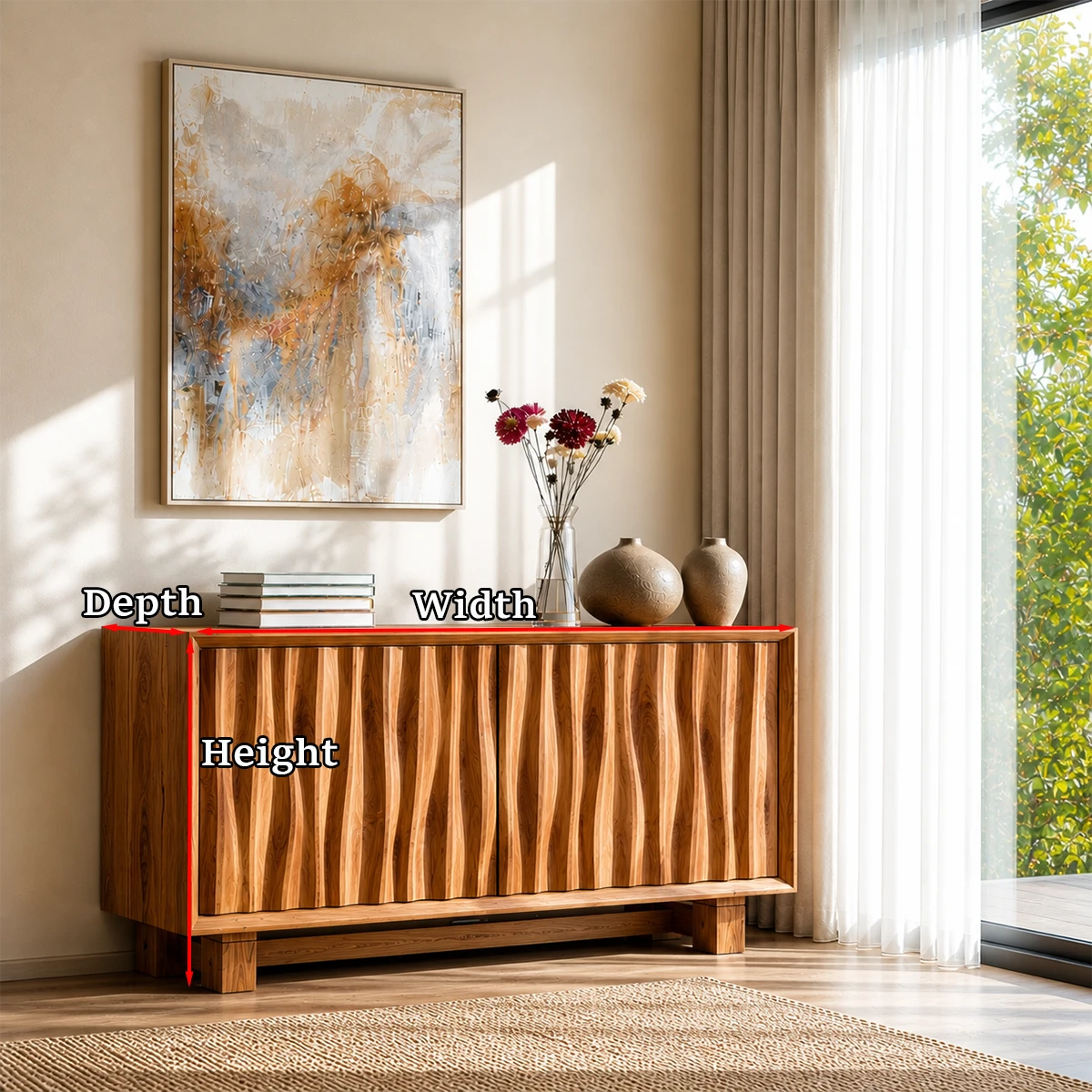Refined buffet cabinet designed with dimensional front texture and contemporary styling