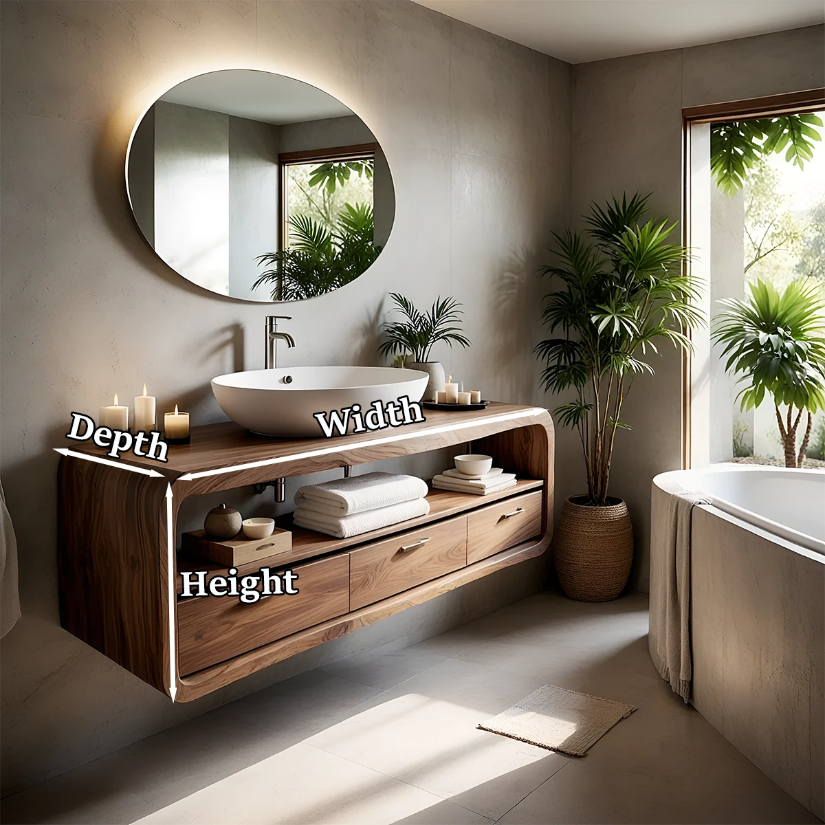 Solid wood floating bathroom vanity with soft curved edges