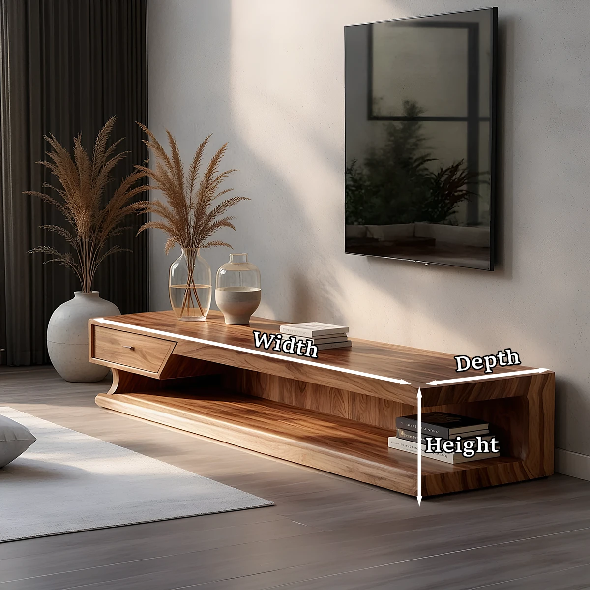 Designed as a low media console, this solid wood TV stand enhances clean and modern interiors