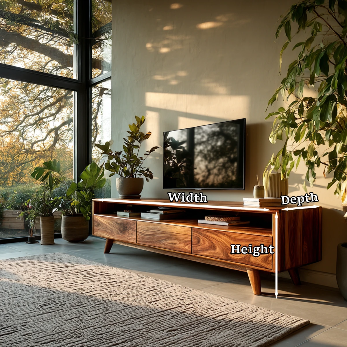 A minimalist media console in solid wood with storage and clean lines suits modern home décor