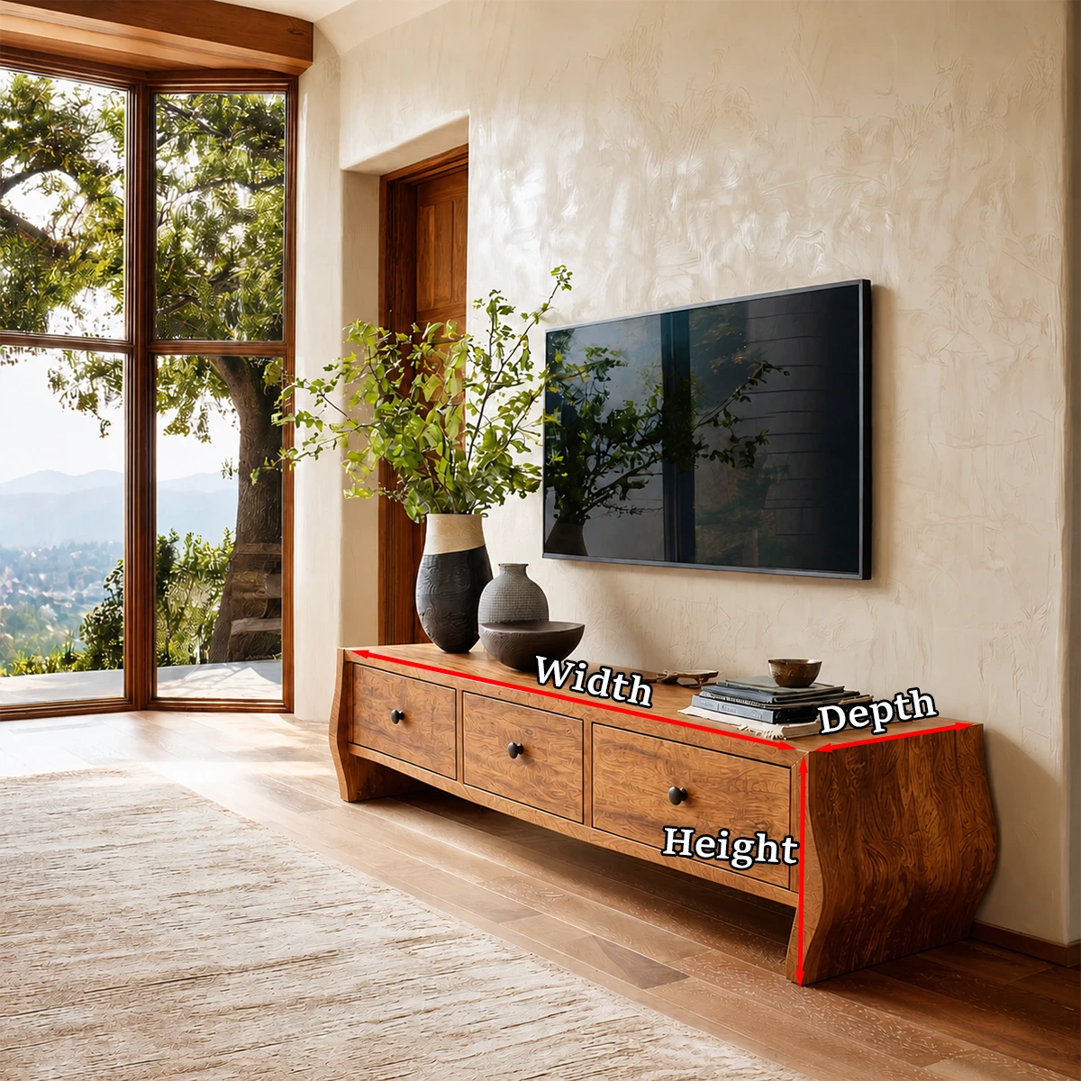 Modern living room media stand featuring curved edges and natural wood finish storage