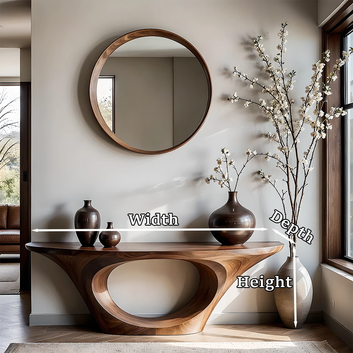 Statement walnut console table with open center base