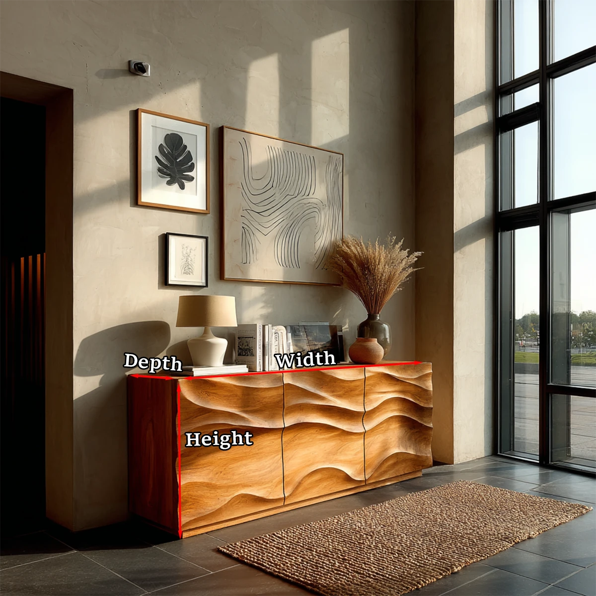 Handcrafted sideboard cabinet with sculptural wave texture and modern interior elegance
