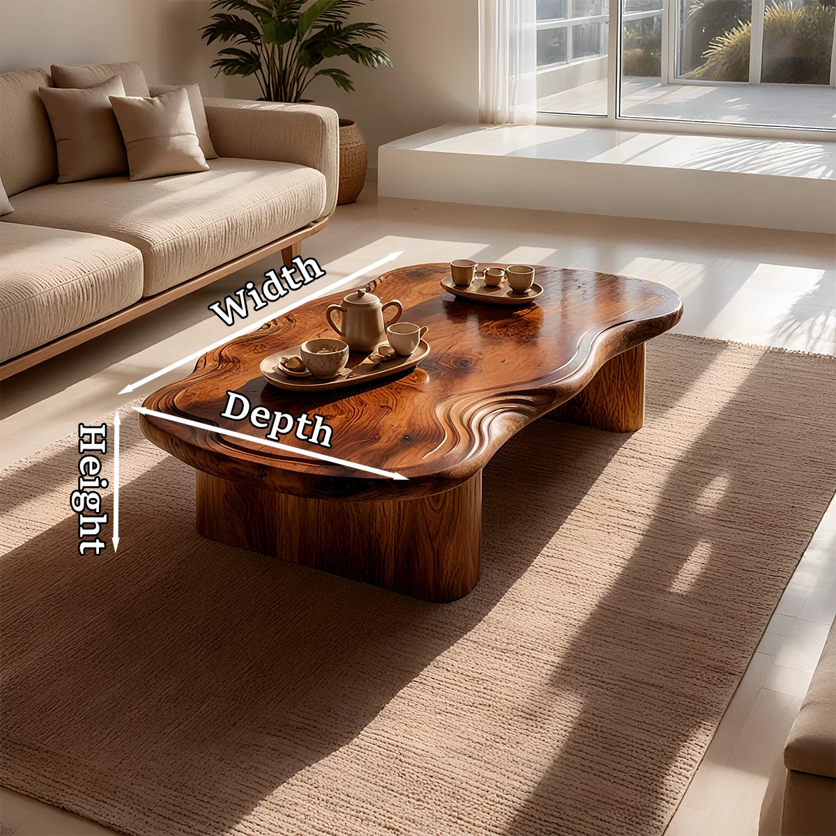 Living room coffee table with freeform top design and low structure for modern interiors