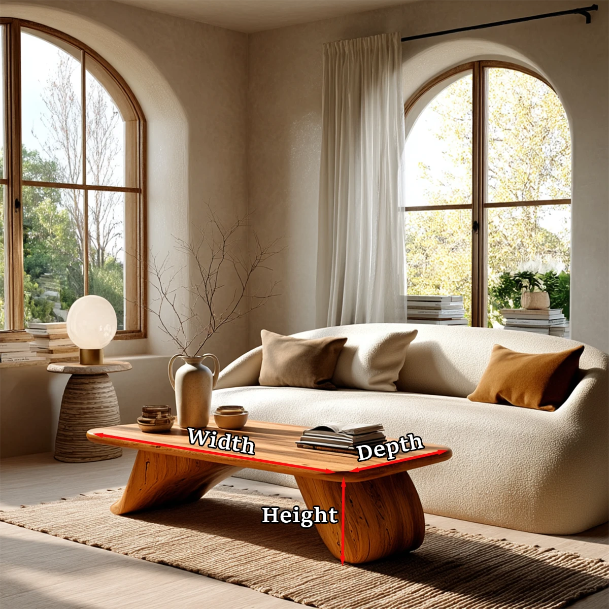 Modern low coffee table with curved natural wood design placed in a bright cozy living room setting