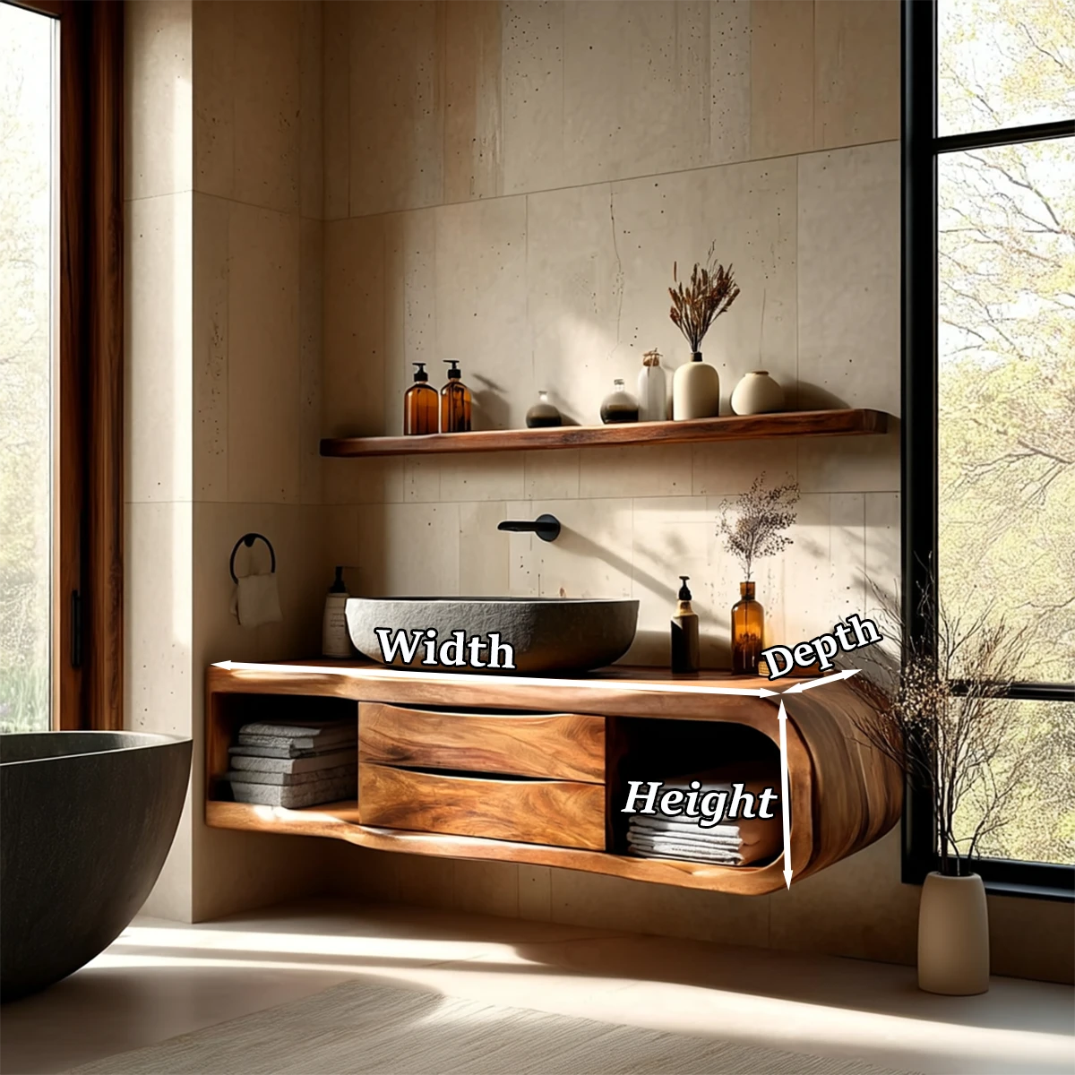 Floating Bathroom Vanity Natural Solid Wood With Curved Frame Drawer