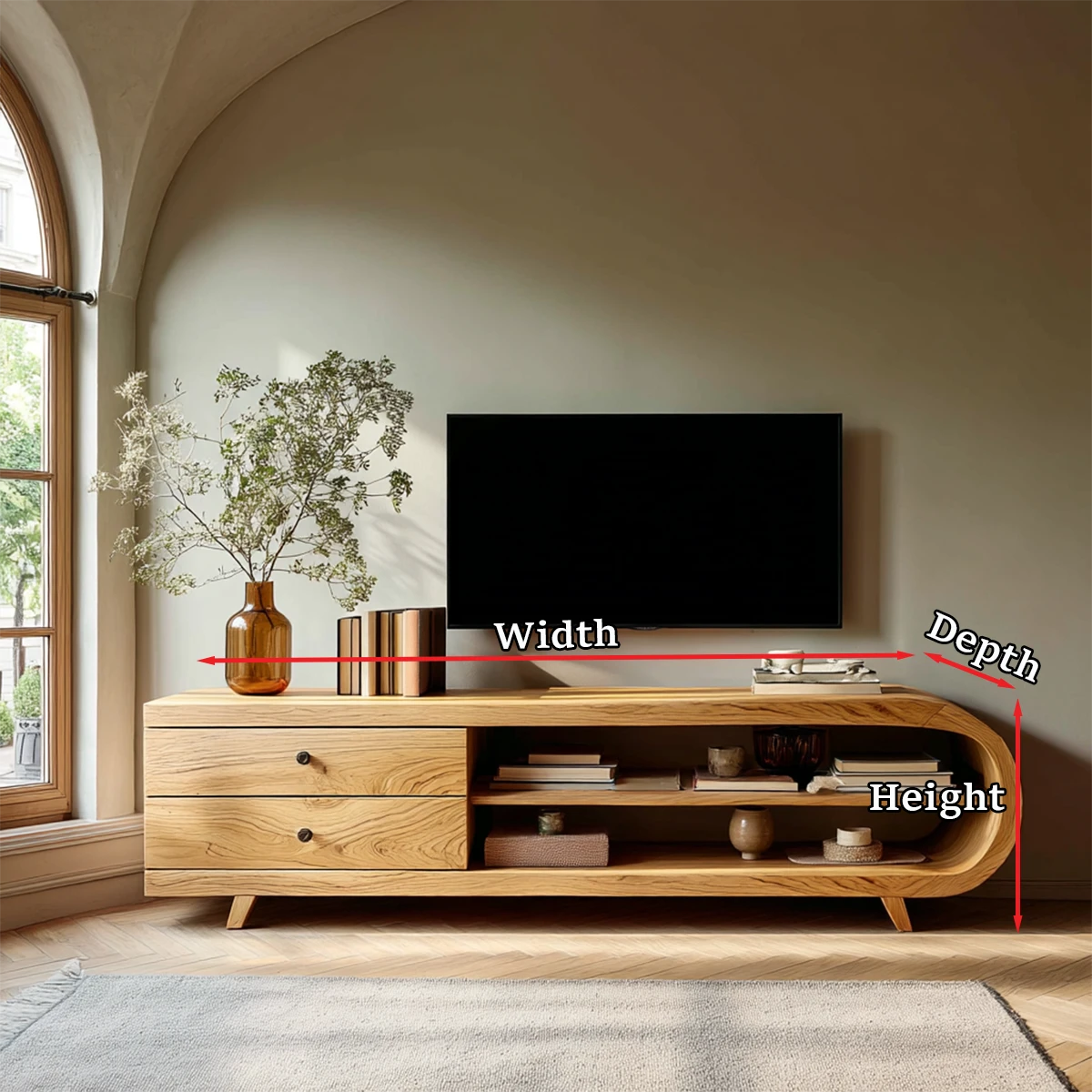 Modern home setup featuring low profile TV stand with practical storage and curved edge