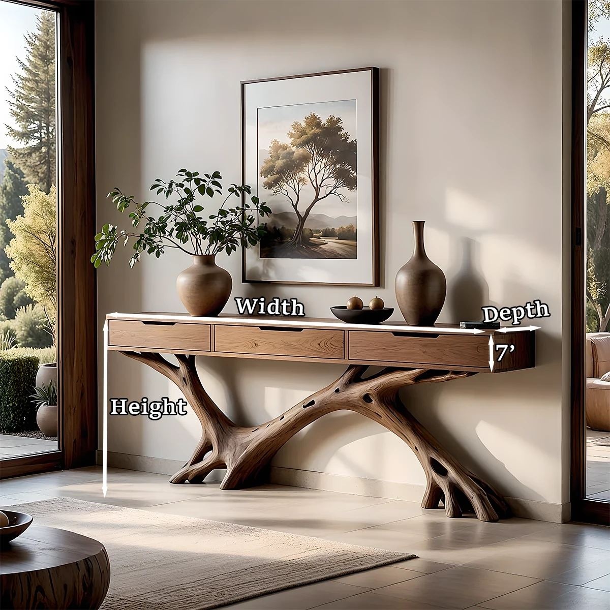Handcrafted console table with organic wood structure brings texture and depth to this modern interior