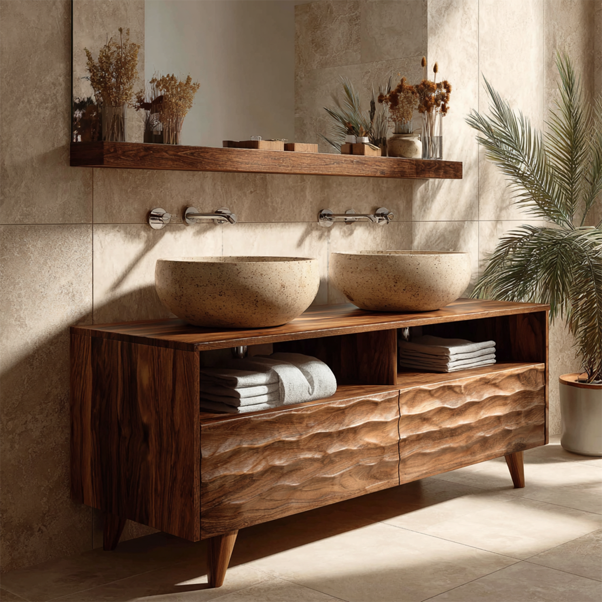 Double Sink Natural Solid Wood Bathroom Vanity With Hand-Carved Texture