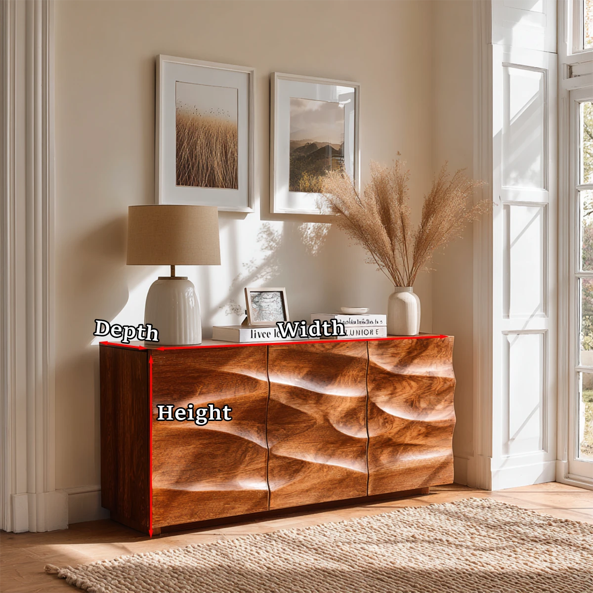 Handcrafted modern sideboard featuring sculpted cabinet doors and seamless organization