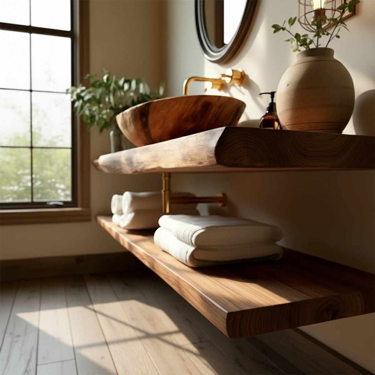 Rustic Live Edge Bathroom Counter with Floating Wood Shelf