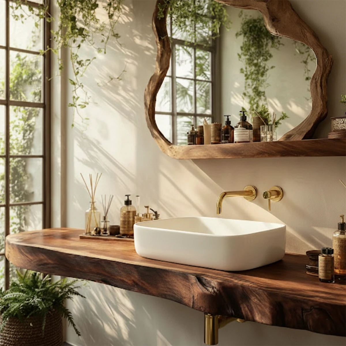 Organic Live Edge Solid Wood Bathroom Vanity Counter with Floating Mount