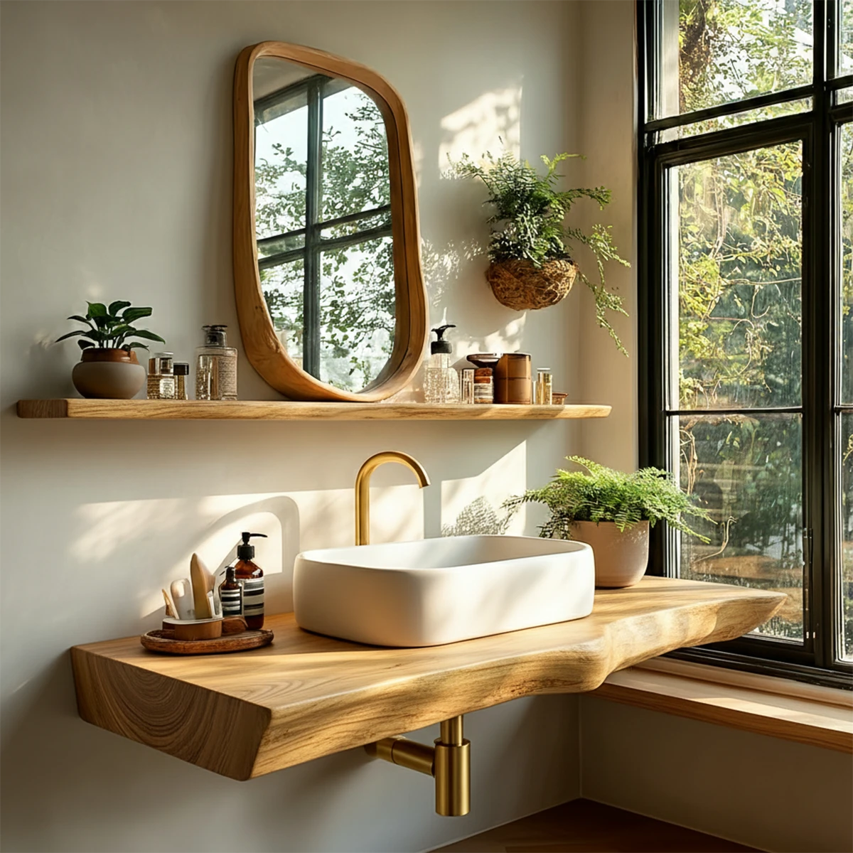 Organic Live Edge Wood Bathroom Countertop Vanity with Wall Mount Shelf