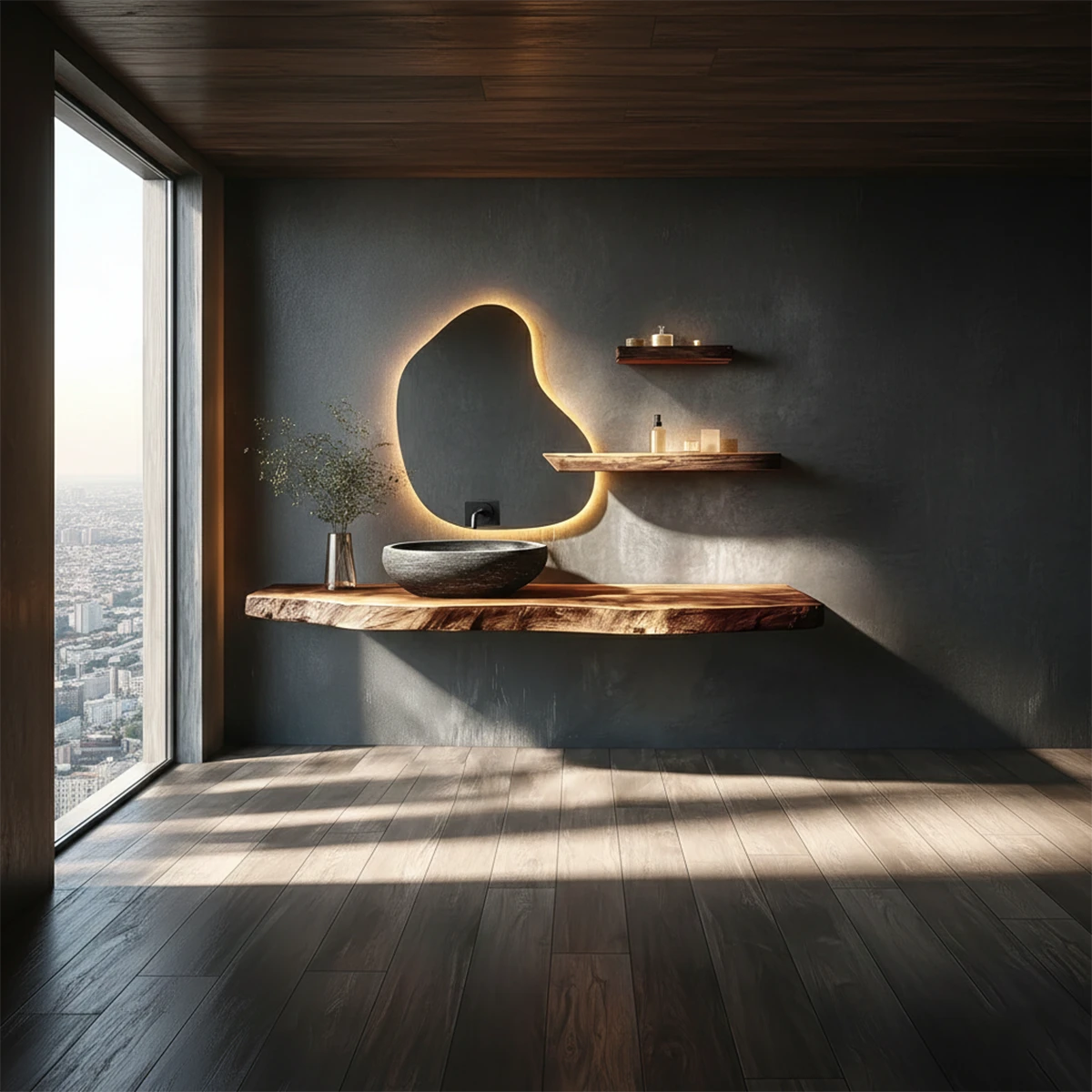 Contemporary Floating Live Edge Wood Bathroom Countertop Shelf
