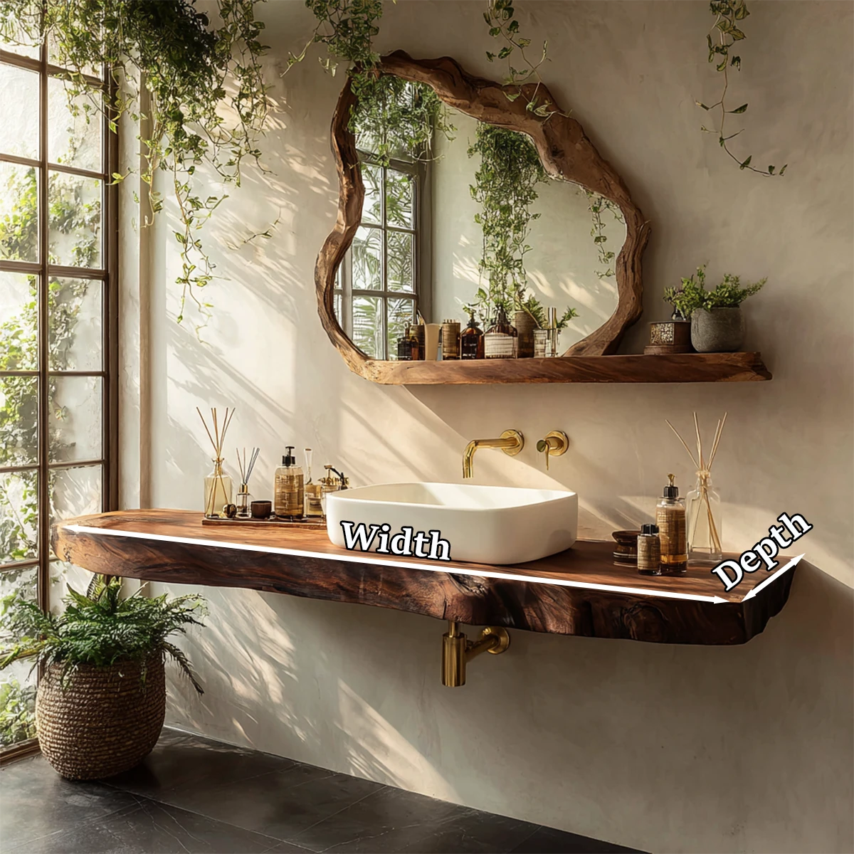 Organic Live Edge Solid Wood Bathroom Vanity Counter with Floating Mount
