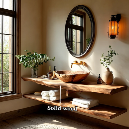 Rustic Live Edge Bathroom Counter with Floating Wood Shelf