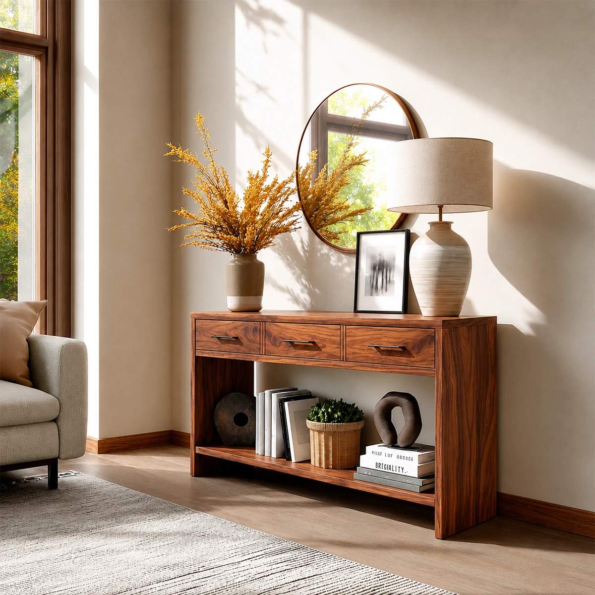 Sculpted Natural Solid Wood Console Table With Drawers and Open Shelf