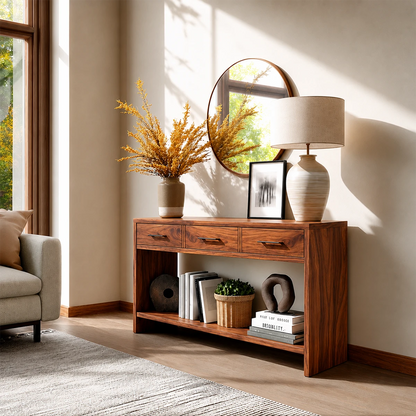 Sculpted Natural Solid Wood Console Table With Drawers and Open Shelf