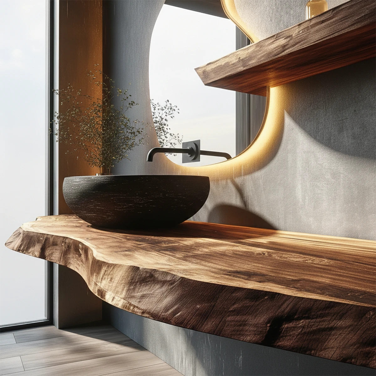 Contemporary Floating Live Edge Wood Bathroom Countertop Shelf