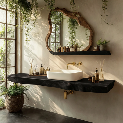 Organic Live Edge Solid Wood Bathroom Vanity Counter with Floating Mount