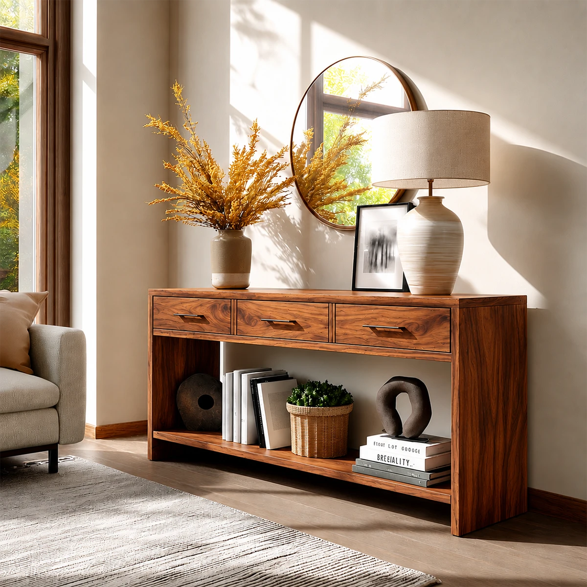 Sculpted Natural Solid Wood Console Table With Drawers and Open Shelf