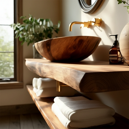 Rustic Live Edge Bathroom Counter with Floating Wood Shelf