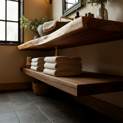 Handcrafted Live Edge Bathroom Vanity Shelf with Floating Wood Design