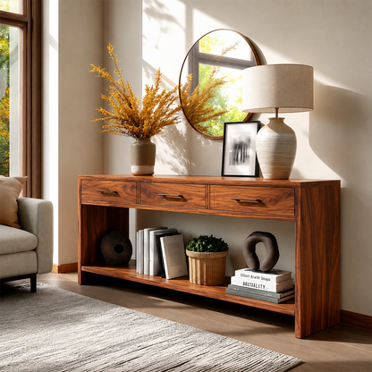 Sculpted Natural Solid Wood Console Table With Drawers and Open Shelf
