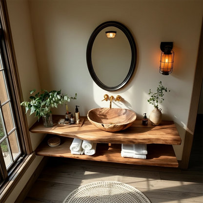 Rustic Live Edge Bathroom Counter with Floating Wood Shelf