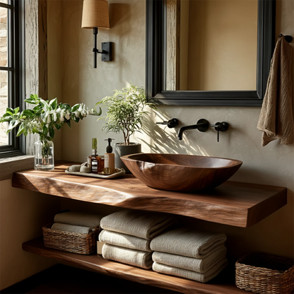 Live Edge Floating Bathroom Vanity – Natural Solid Wood Wall Mounted Sink Shelf