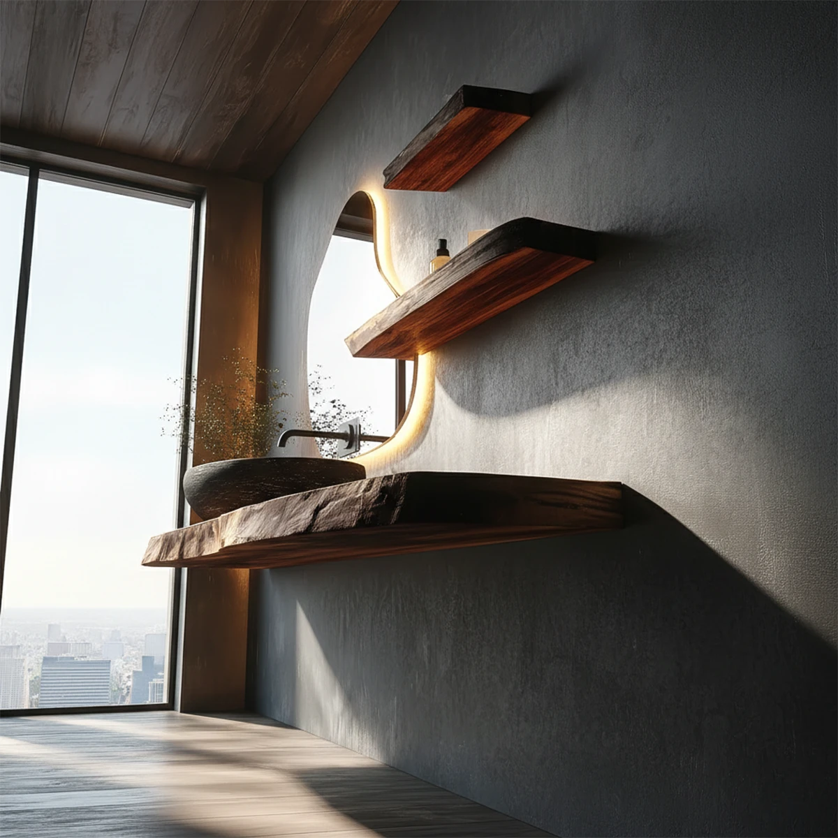 Contemporary Floating Live Edge Wood Bathroom Countertop Shelf