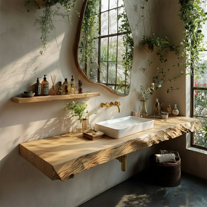 Natural Solid Wood Live Edge Vanity Shelf for Contemporary Bathrooms
