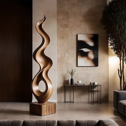 Abstract wood sculpture with flowing organic curves and refined walnut tone finish tall floor décor