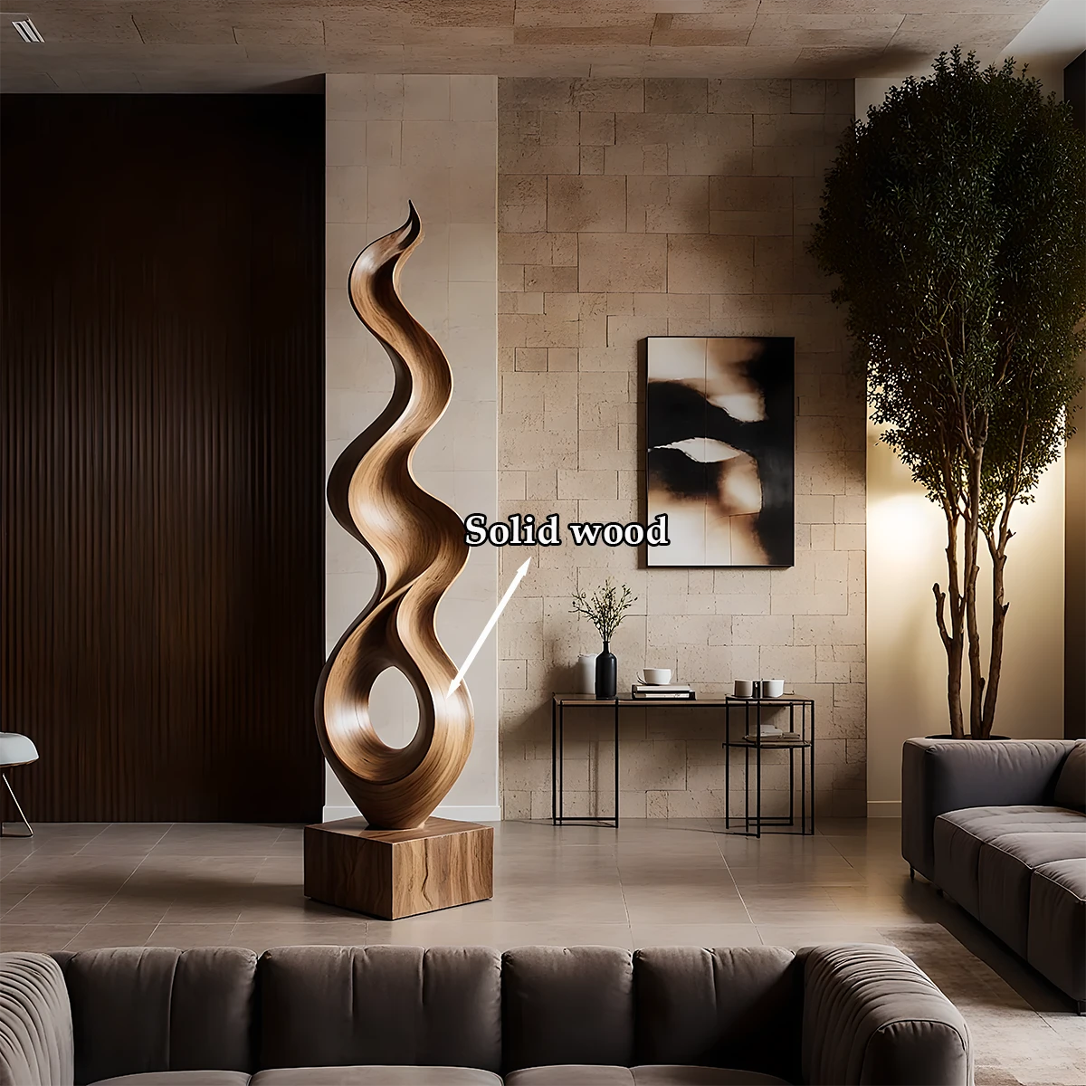Statement wood floor art crafted with tall fluid silhouette and refined walnut tone finish