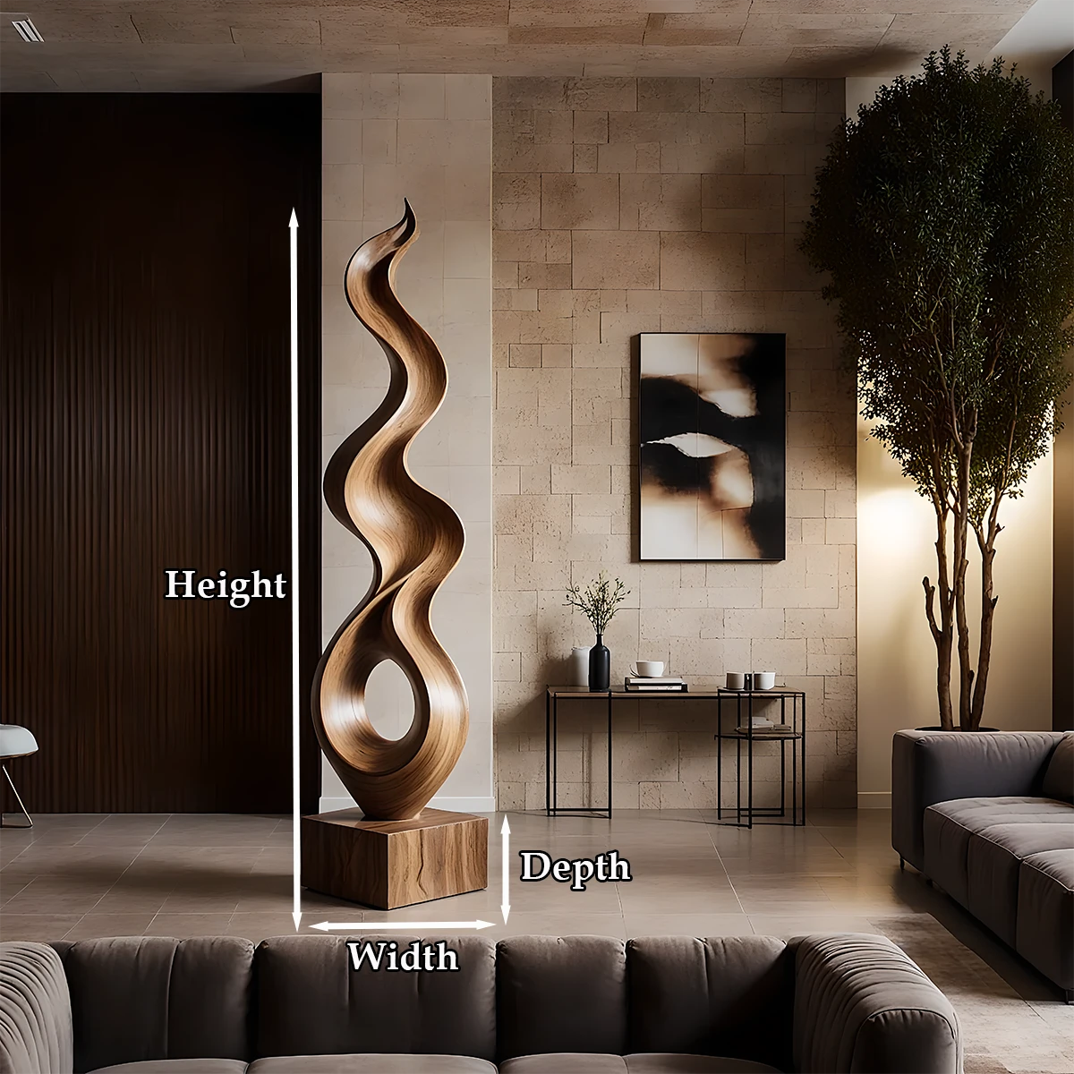 Artistic wood sculpture décor featuring smooth flowing curves and elegant walnut tone finish